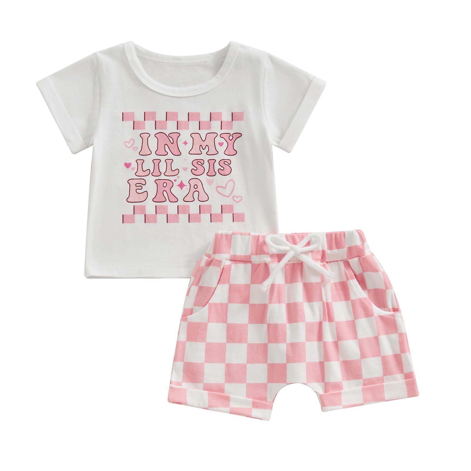 Checkerboard Short-Sleeve T-Shirt & Elastic Waist Shorts Toddler Girl Summer Outfit Set (Pink, 3-6 Months)