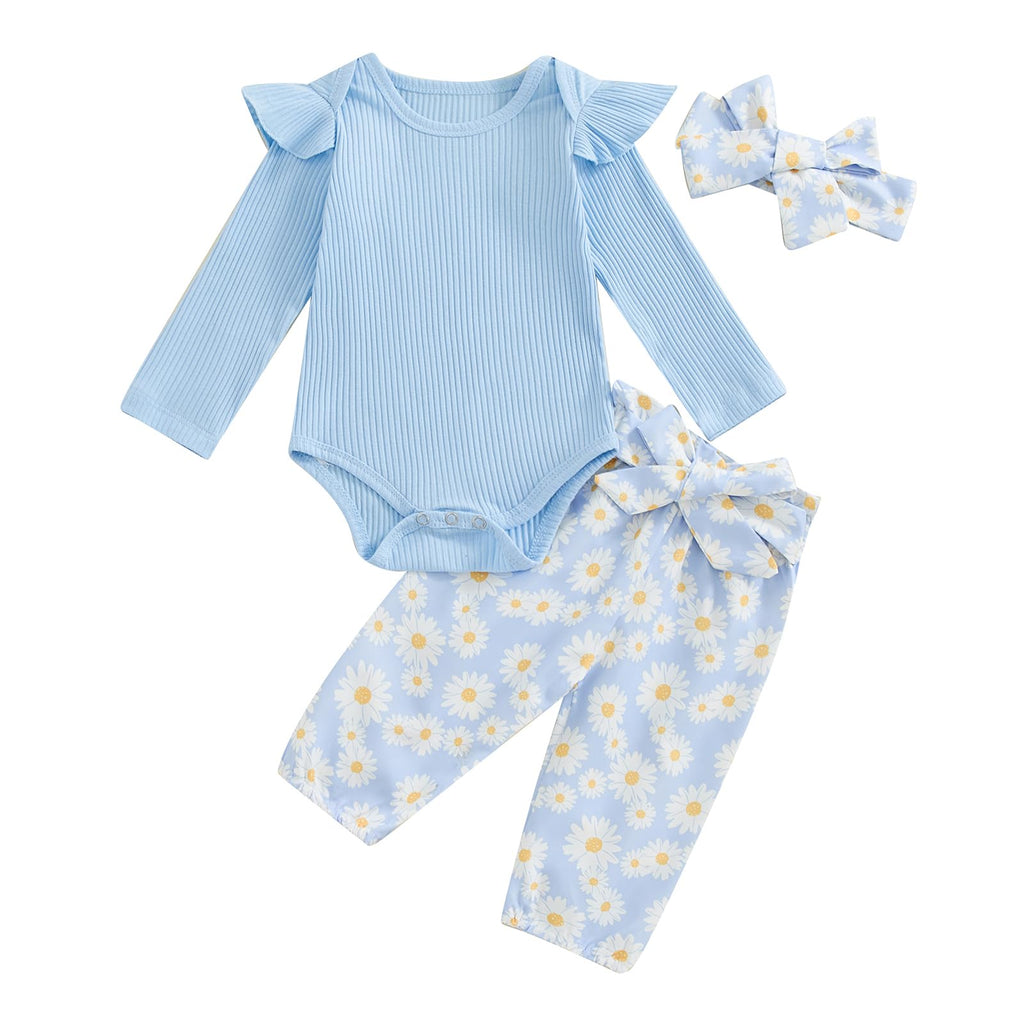 Ribbed Ruffle Long-Sleeve Romper & Floral Pants Baby Girl Fall Outfit Set (Blue, 12-18 Months)