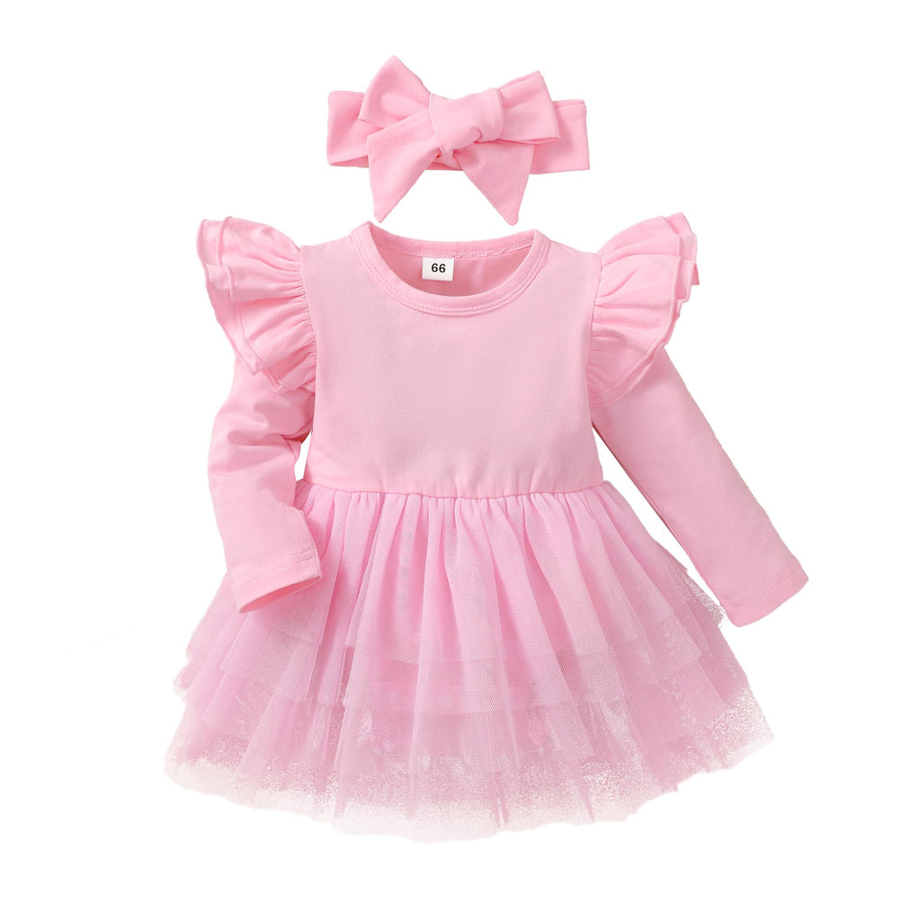 Ruffle-Sleeve Tulle Tutu Romper Dress & Headband Baby Girl Princess Outfit (Pink, 6-9 Months)