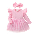 Ruffle-Sleeve Tulle Tutu Romper Dress & Headband Baby Girl Princess Outfit (Pink, 6-9 Months)