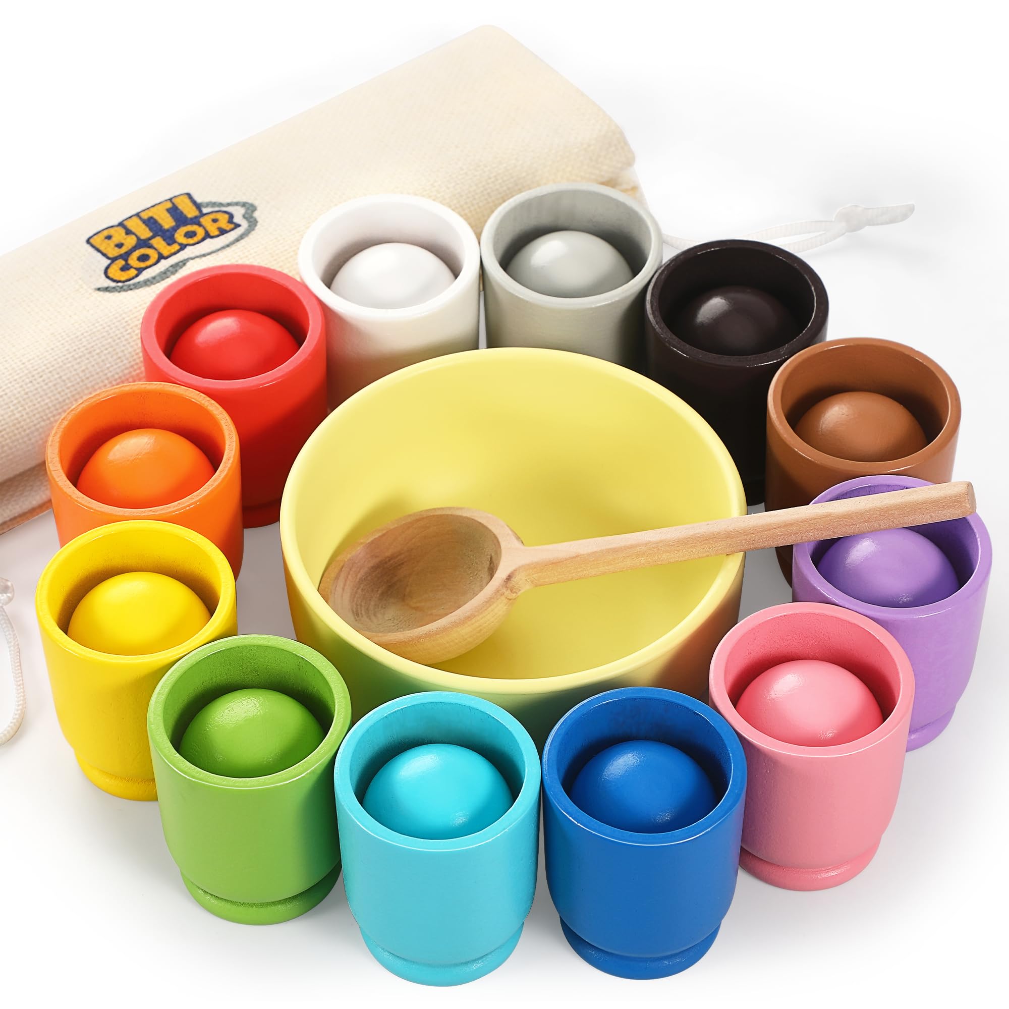 Montessori Wooden Rainbow Ball and Cup Color Sorting Toy