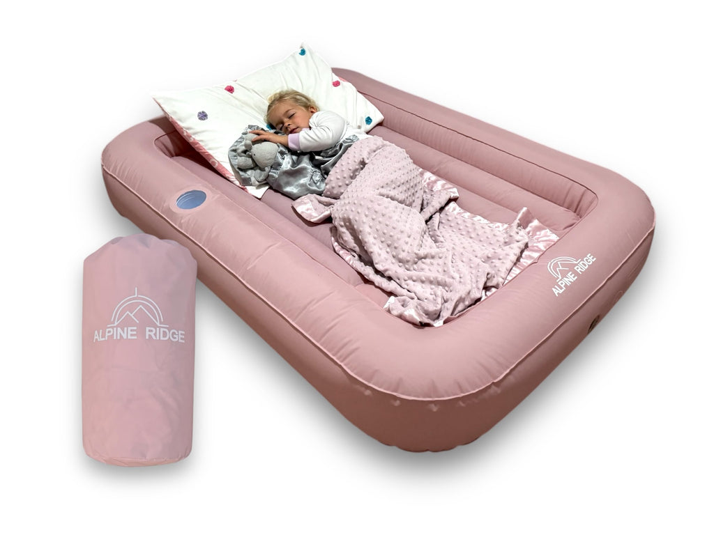 Portable 4-Sided Inflatable Toddler Travel Bed with Built-in Foot Pump (Pink)