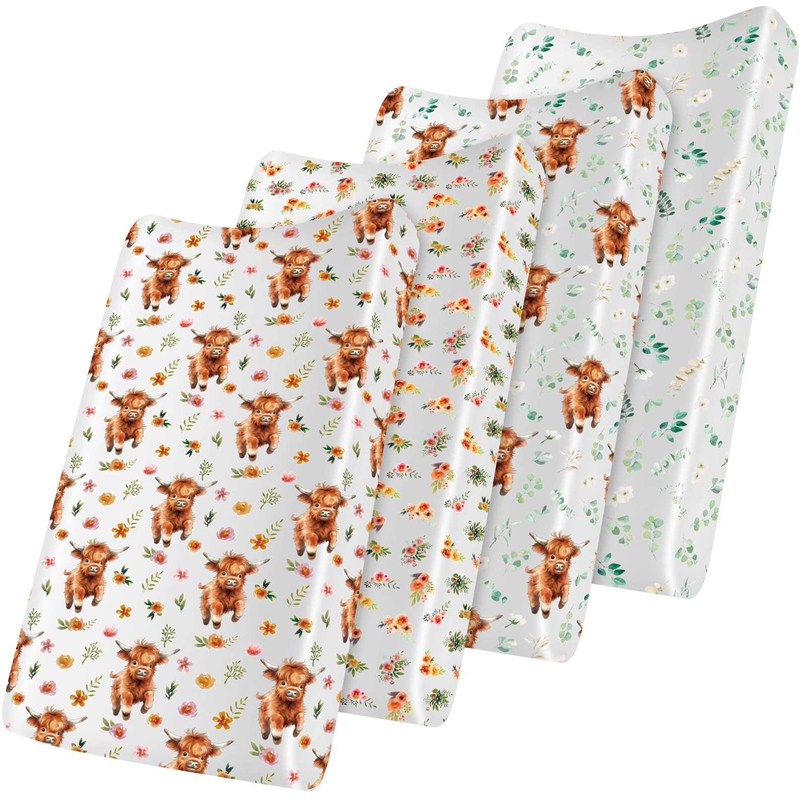 4-Piece Highland Cow & Floral Boho Crib Sheet and Changing Pad Cover Set