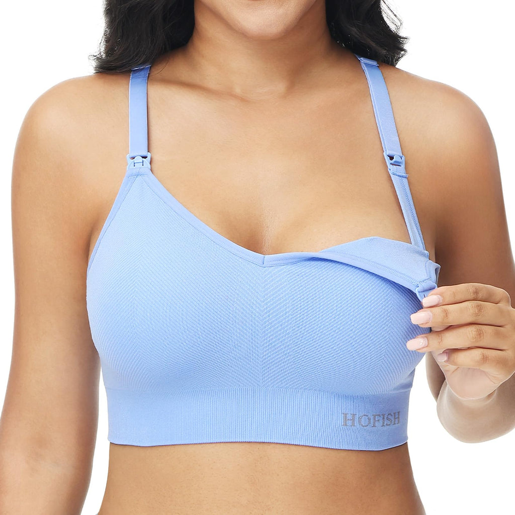 HOFISH Seamless Racerback Padded Nursing Sports Bra (Blue, Large)
