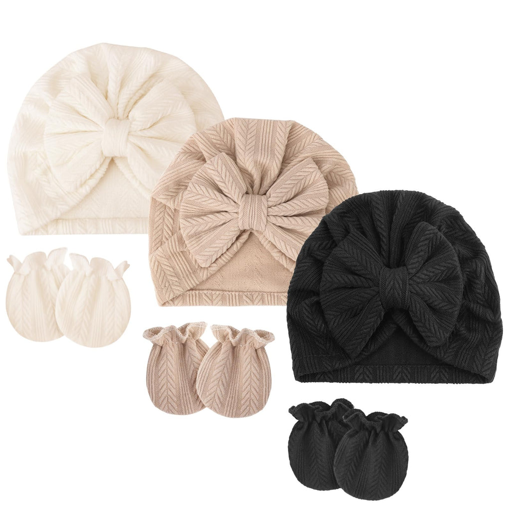 AQOKKA Cotton Bow Baby Beanie Hat & Anti-Scratch Mittens Set (0-12 Months)