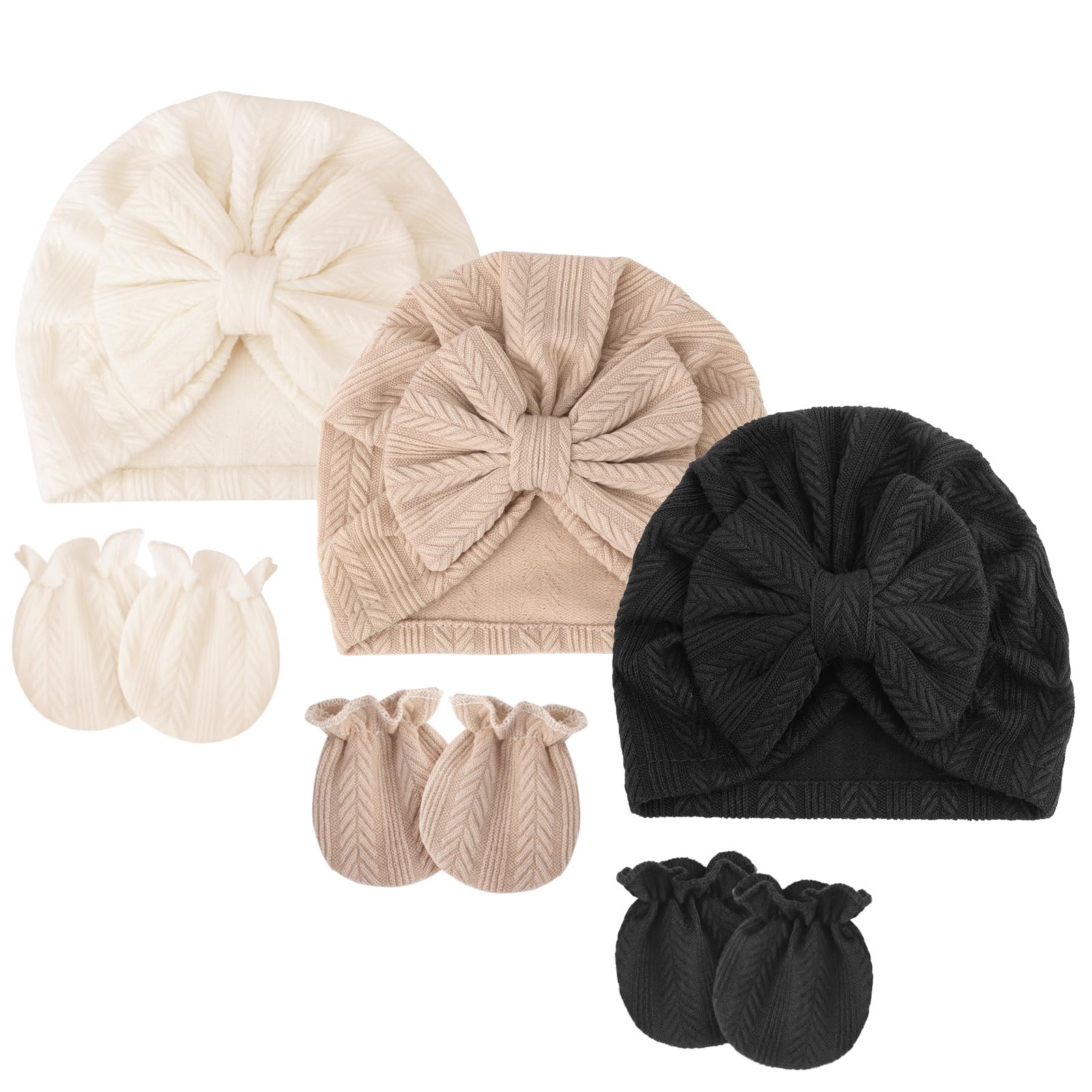 AQOKKA Cotton Bow Baby Beanie Hat & Anti-Scratch Mittens Set (0-12 Months)