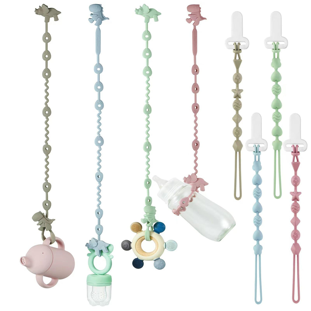 PandaEar 8-Pack Dinosaur Silicone Toy Straps & Pacifier Clips