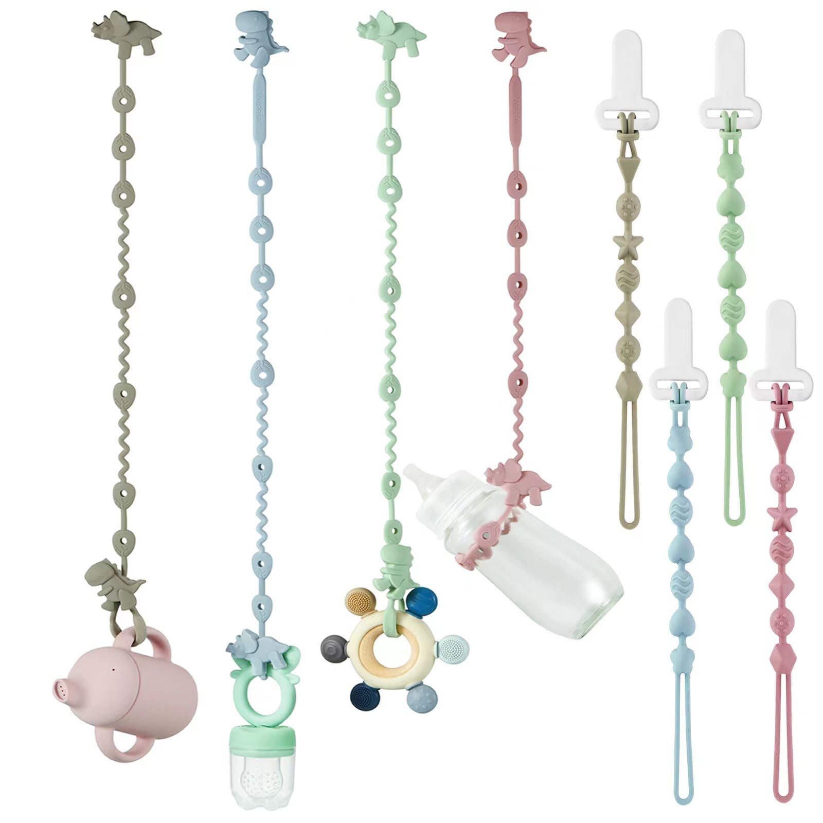 PandaEar 8-Pack Dinosaur Silicone Toy Straps & Pacifier Clips