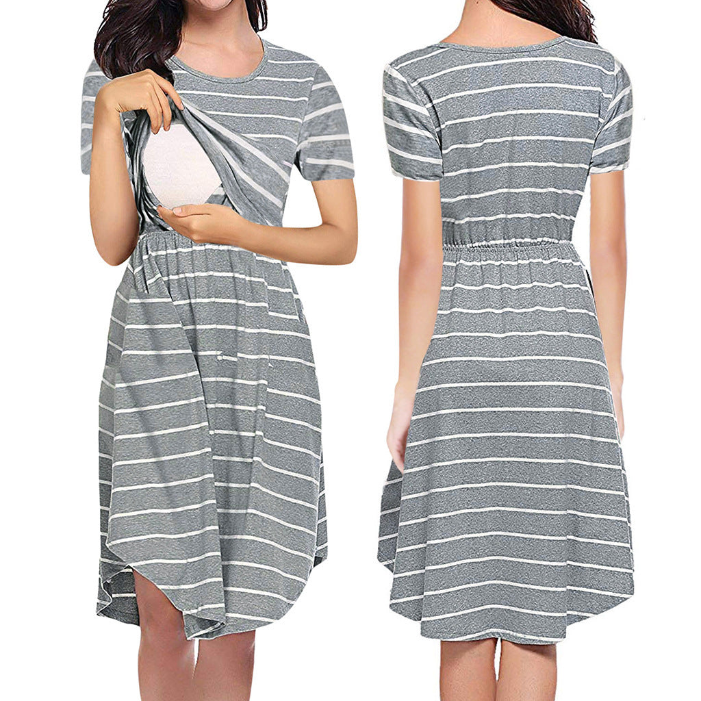 Multifunctional Stripe Maternity Breastfeeding Dress