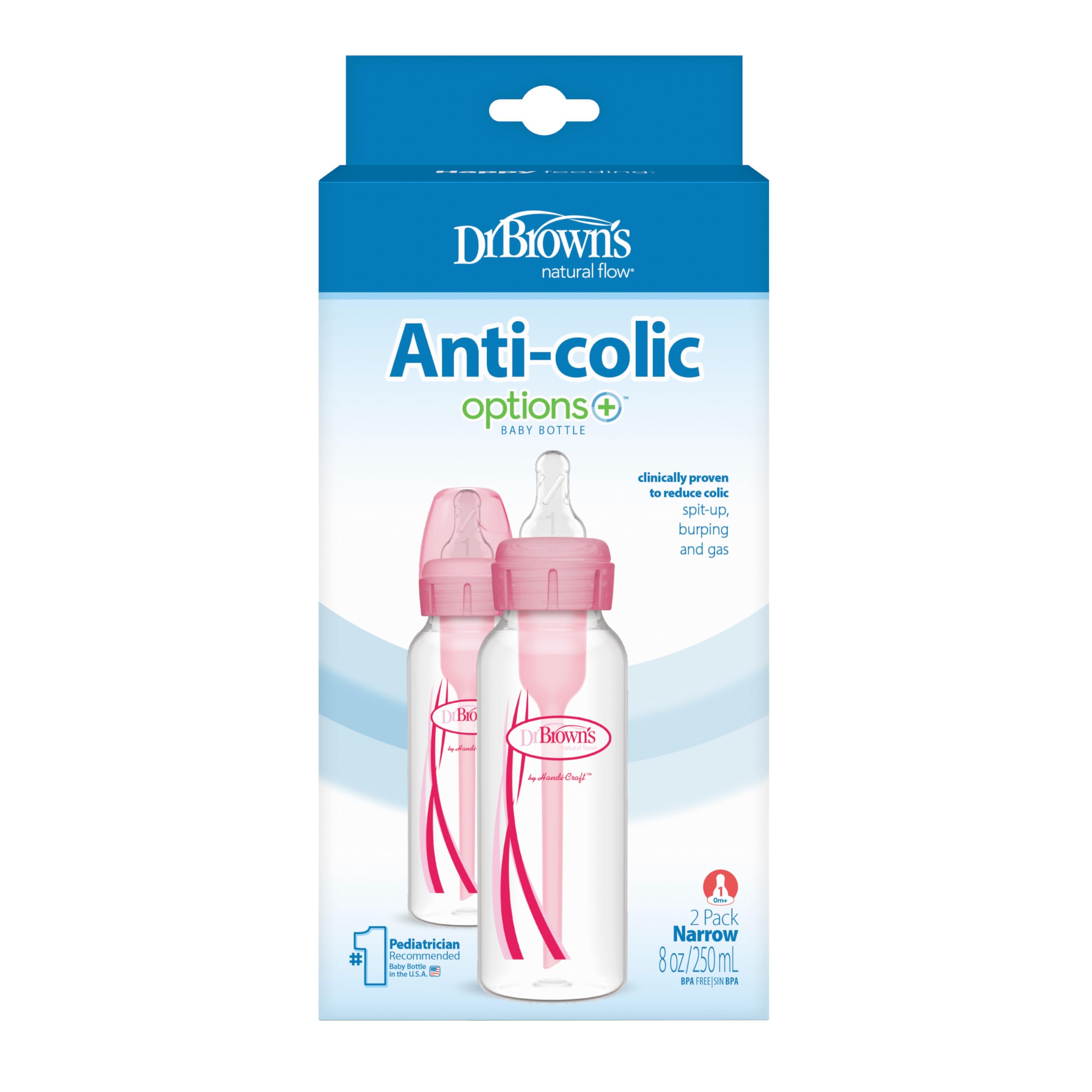 Dr. Brown's Options+ Anti-Colic Narrow Baby Bottle (8 oz, 2-Pack) - Pink