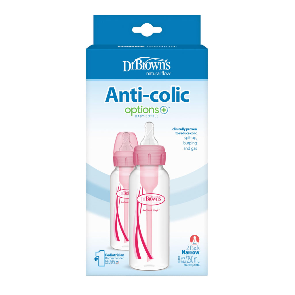 Dr. Brown's Options+ Anti-Colic Narrow Baby Bottle (8 oz, 2-Pack) - Pink