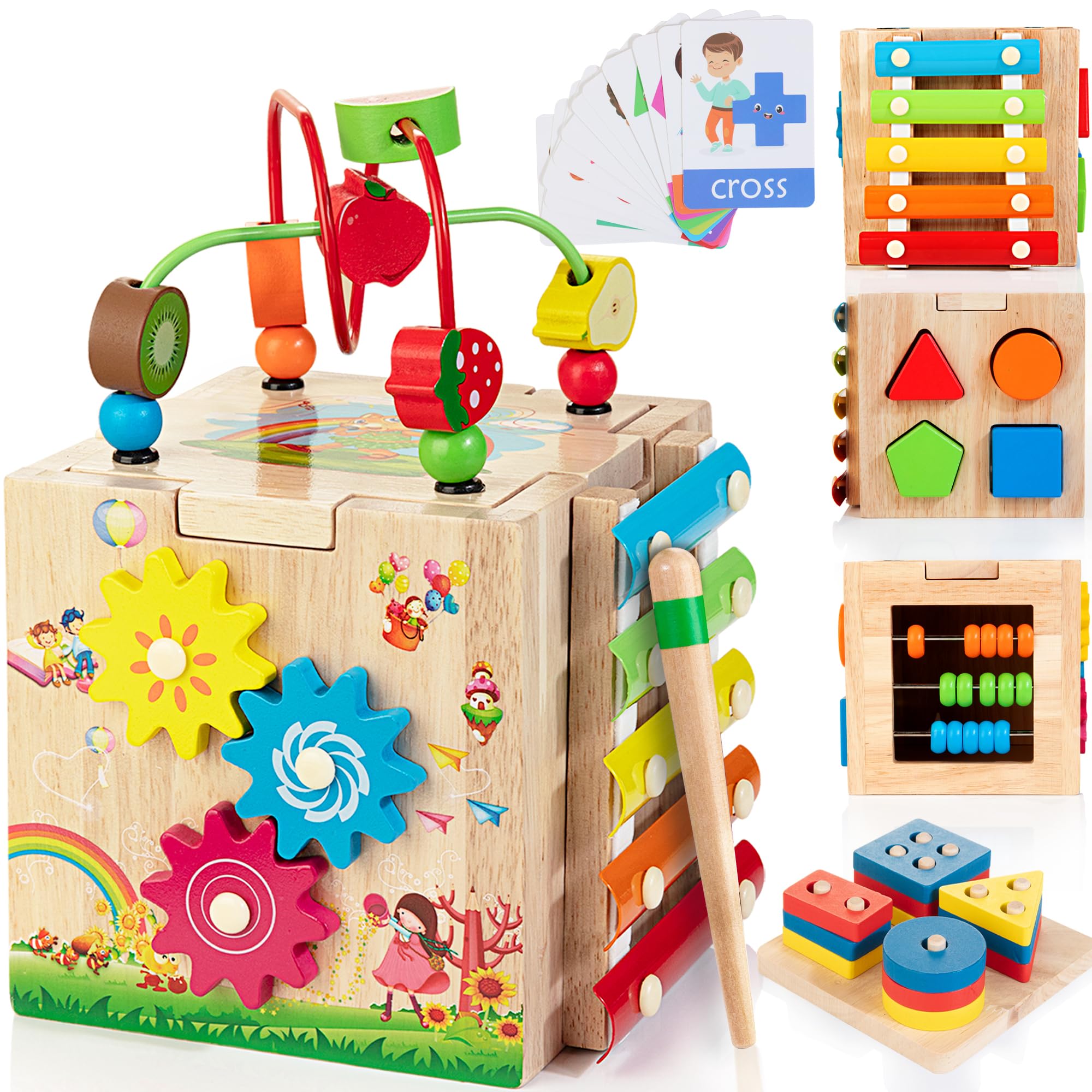 Bravmate 8-in-1 Wooden Montessori Activity Cube and Stacking Board