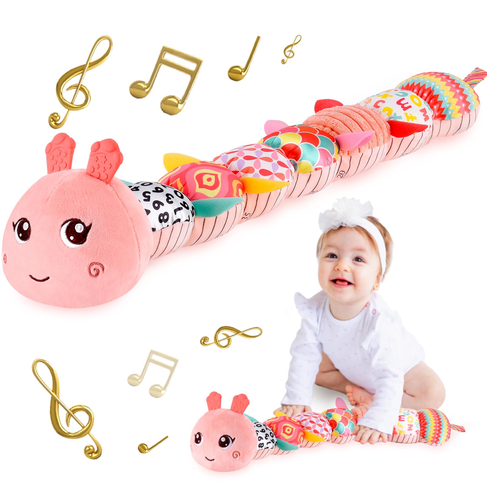 TURKIDS Pink Musical Stuffed Caterpillar Developmental Sensory Toy