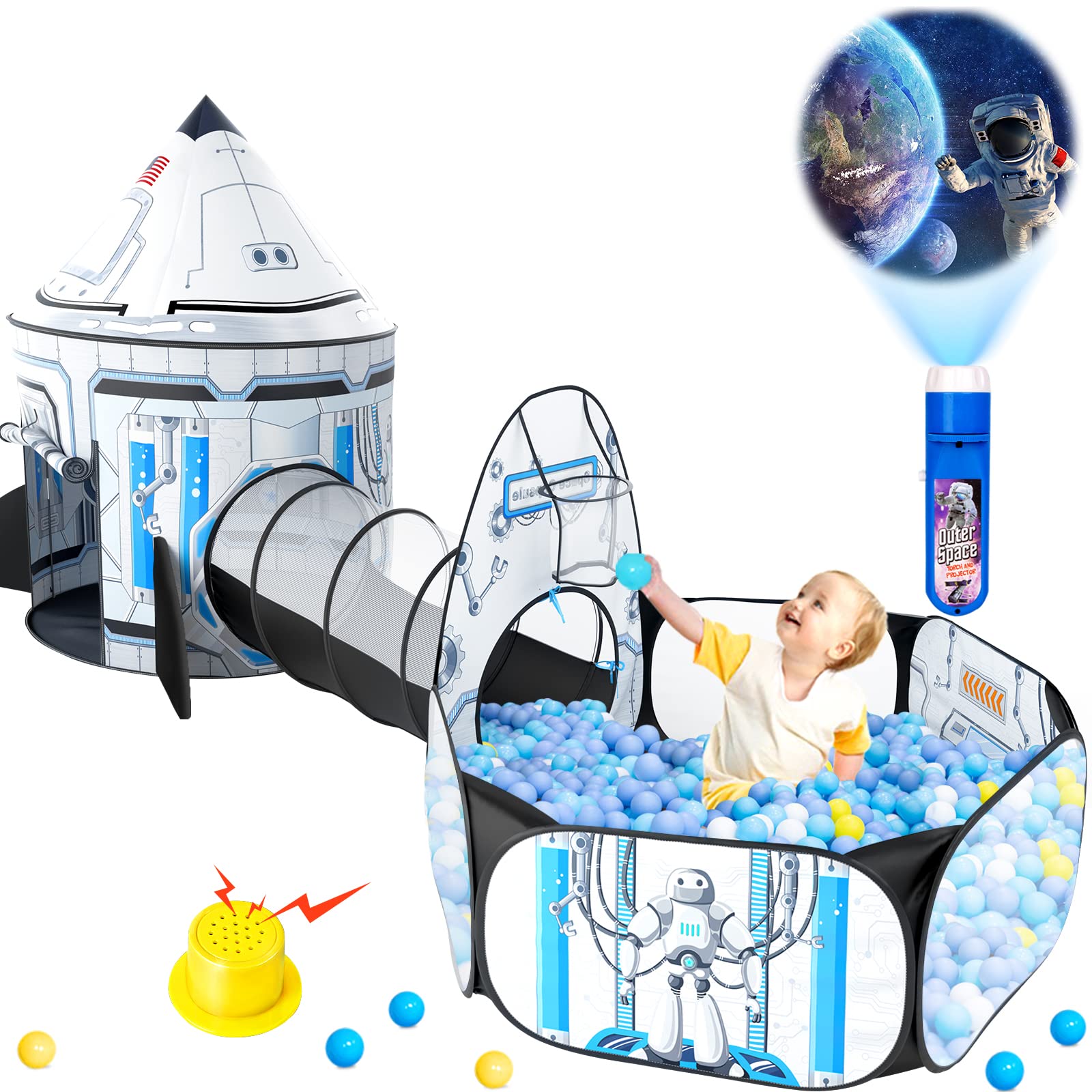 3-Piece Kids Play Tent, Ball Pit, and Crawl Tunnel with Projection Toy - White