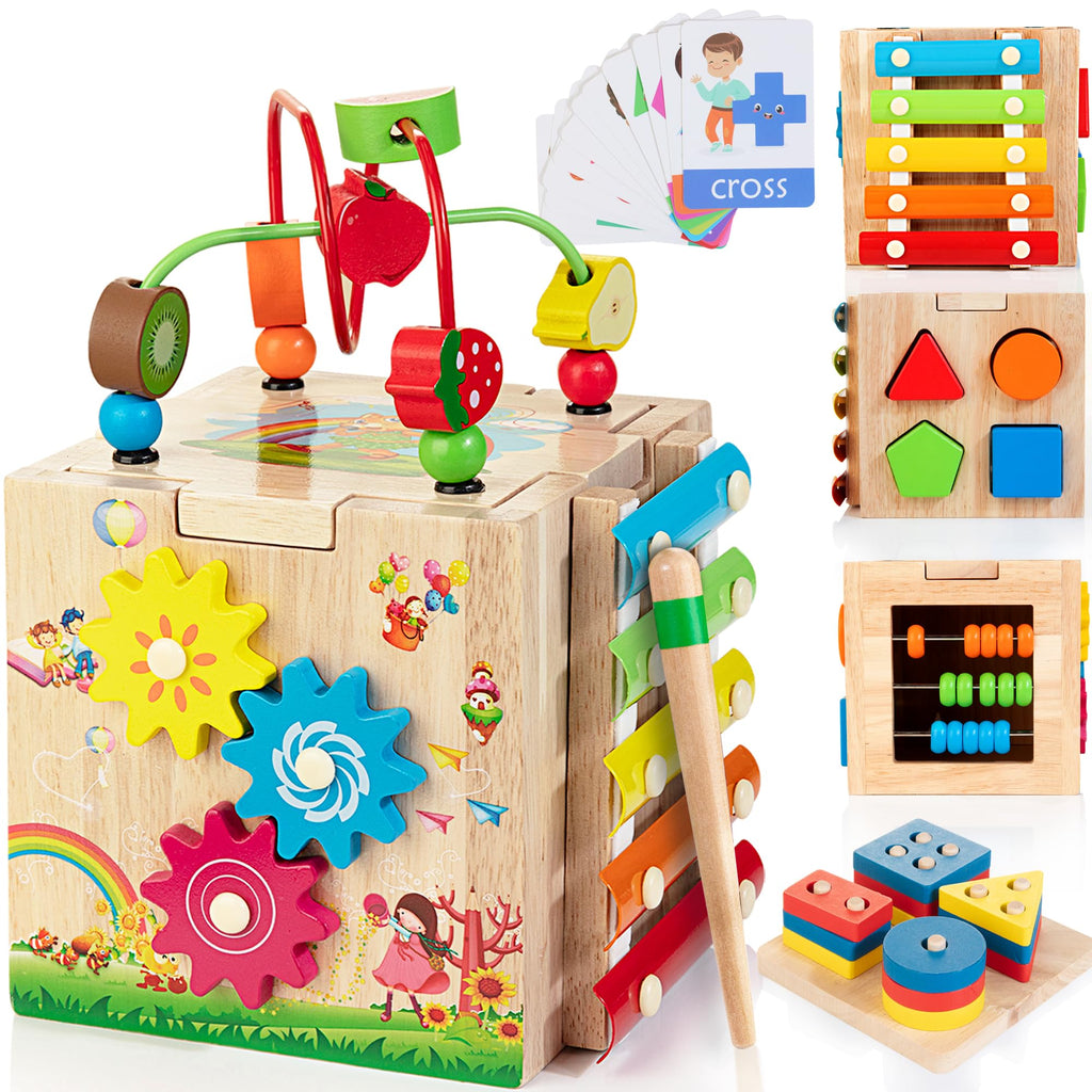 Bravmate 8-in-1 Wooden Montessori Activity Cube and Stacking Board