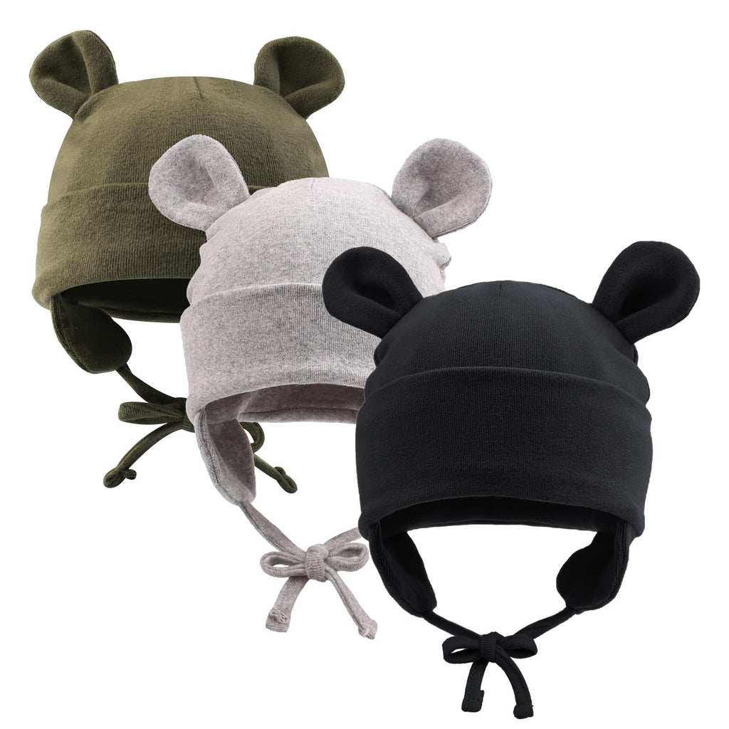 JANGANNSA 3-Pack Cotton Winter Baby Beanie Hats (Black, Gray, Army Green, 0-6M)