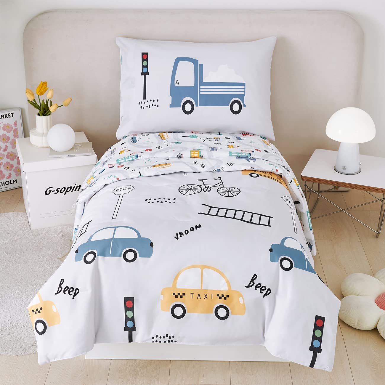 4-Piece Cartoon Cars & Trucks Reversible Toddler Bedding Set (Light Gray)