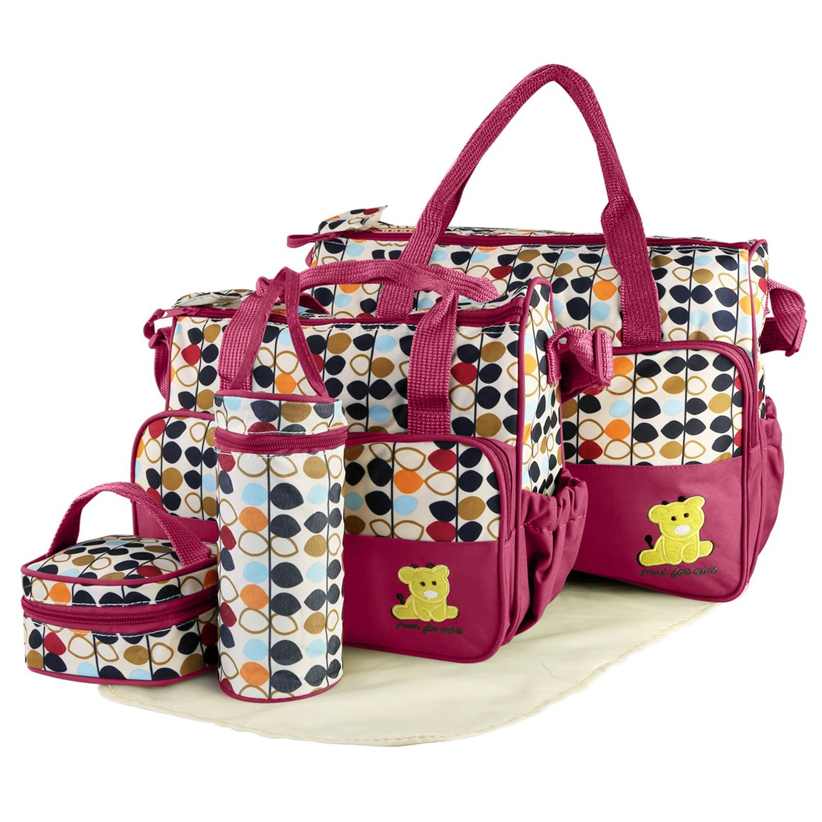 5-Piece Multifunctional Travel Baby Diaper Tote Bag Set with Changing Pad (Red)