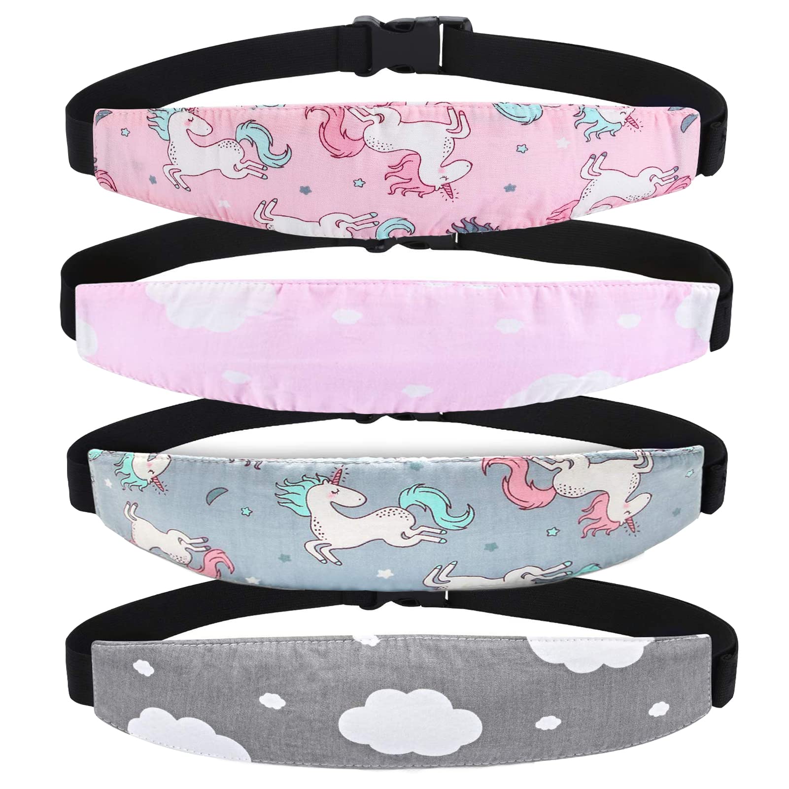 Adjustable Car Seat Head Support Band 4-Pack (Pink & Gray)