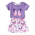 Butterfly Print T-Shirt & Shorts Toddler Girl Summer Outfit Set (Purple, 18-24 Months)