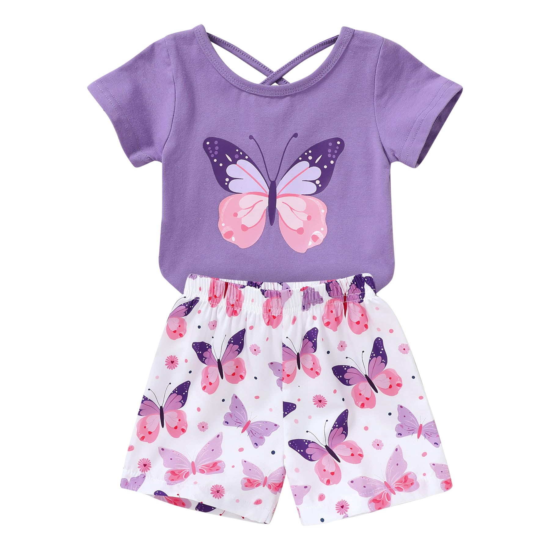 Butterfly Print T-Shirt & Shorts Toddler Girl Summer Outfit Set (Purple, 18-24 Months)