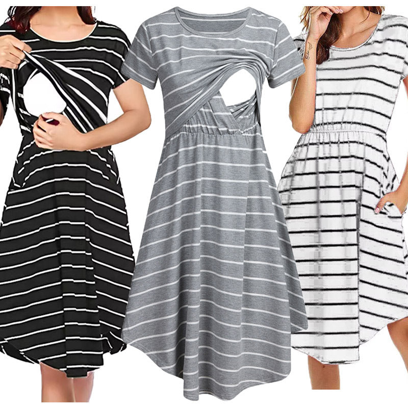 Multifunctional Stripe Maternity Breastfeeding Dress