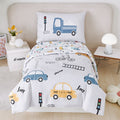 4-Piece Cartoon Cars & Trucks Reversible Toddler Bedding Set (Light Gray)