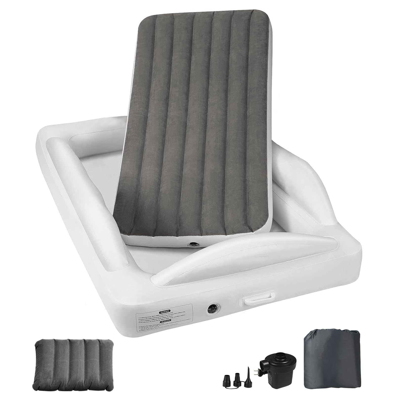 Portable Inflatable Toddler Travel Air Bed with Electric Pump & Safety Bumpers (Gray)