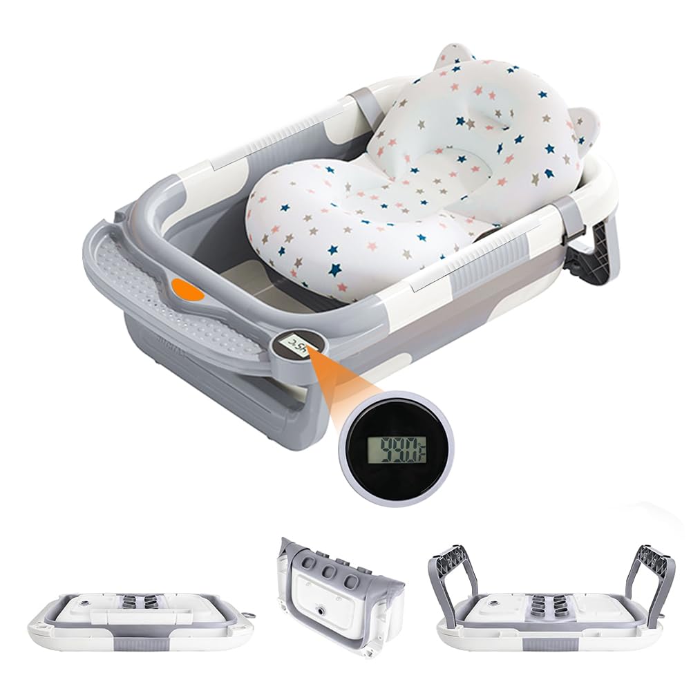 Portable Collapsible Baby Bathtub with Thermometer & Soft Pad - Gray