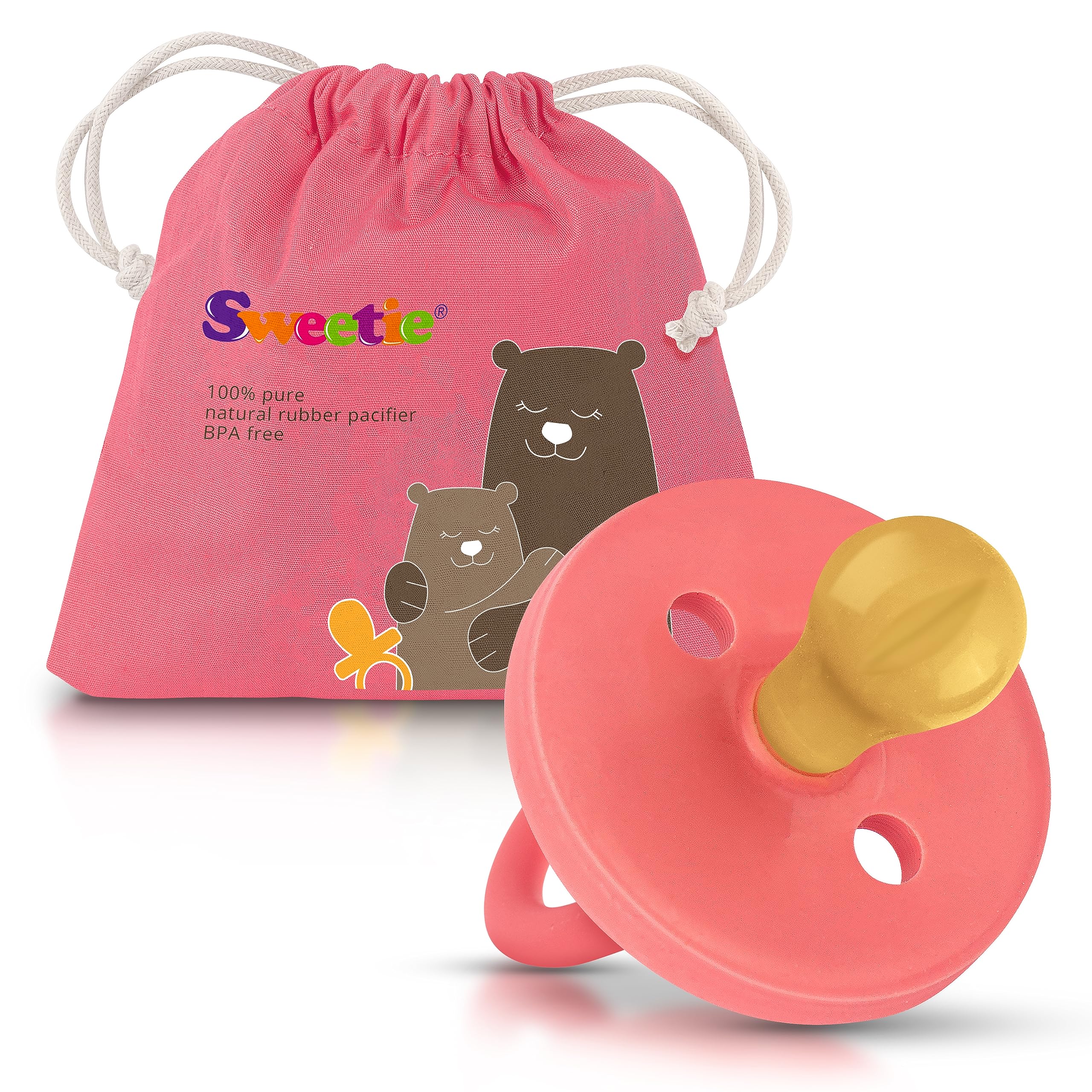 SWEETIE Natural Rubber Rounded Baby Pacifier (12-18 Months, Pink)