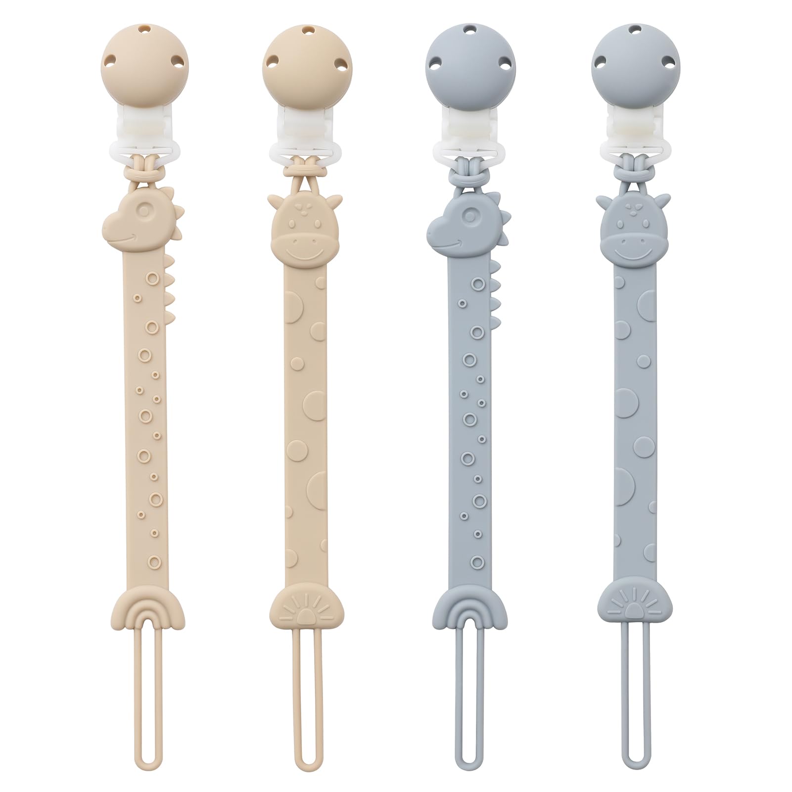 YIVEKO 4-Pack Animal Design Silicone Pacifier Clips (Rainbow Ivory & Baby Blue)