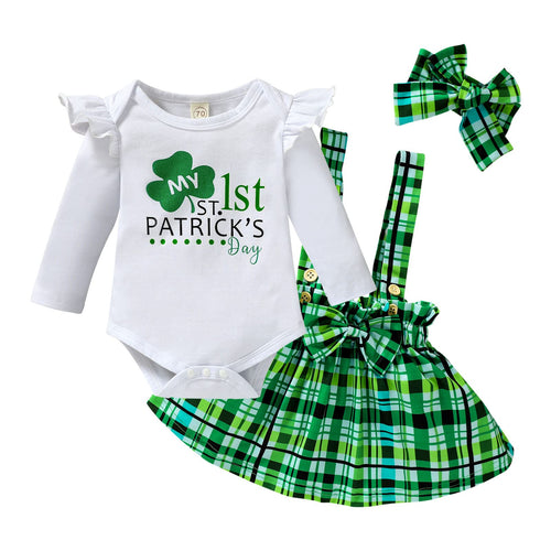 "My First St. Patrick's Day" Romper & Plaid Suspender Skirt Baby Girl Outfit Set (3-6 Months)