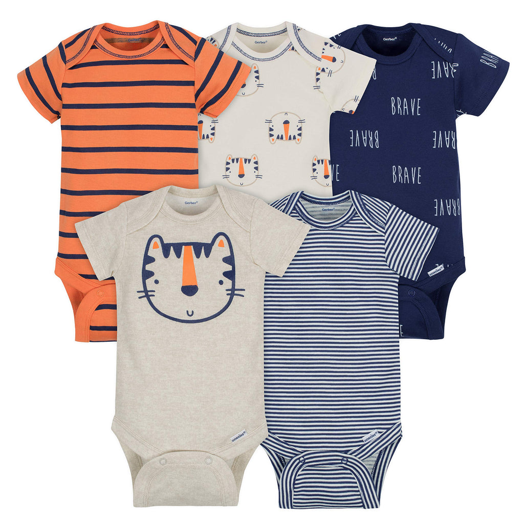 Gerber 5-Pack Short-Sleeve Baby Bodysuits (Happy Tiger, 3-6 Months)