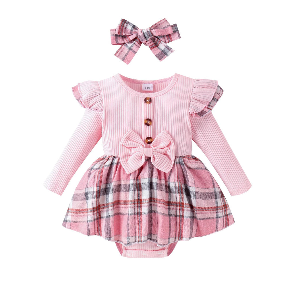 Ruffle Long-Sleeve Plaid Romper Dress & Headband Baby Girl Fall/Winter Outfit Set (Pink, 3-6 Months)