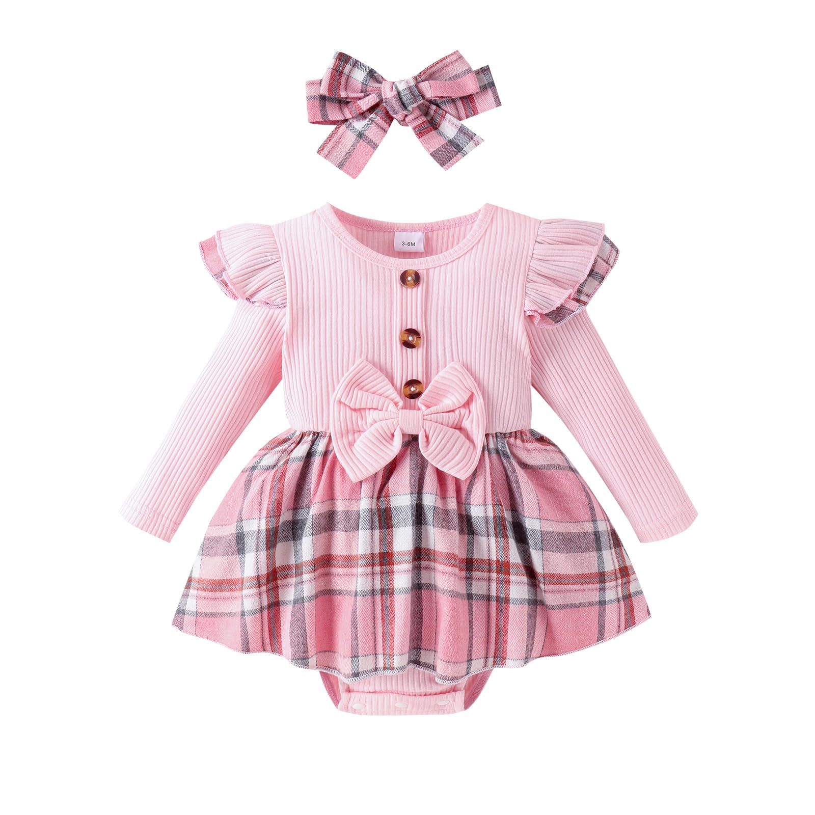 Ruffle Long-Sleeve Plaid Romper Dress & Headband Baby Girl Fall/Winter Outfit Set (Pink, 3-6 Months)