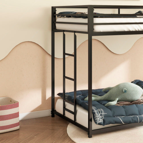 Sturdy Low Profile Twin-Over-Twin Metal Bunk Bed with Ladder (Black)