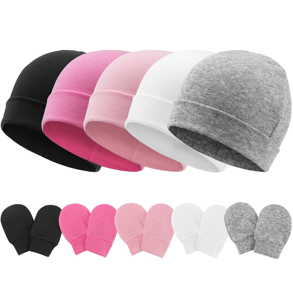 AQOKKA Cotton Baby Beanie Hat & Anti-Scratch Mittens Set (0-6 Months)