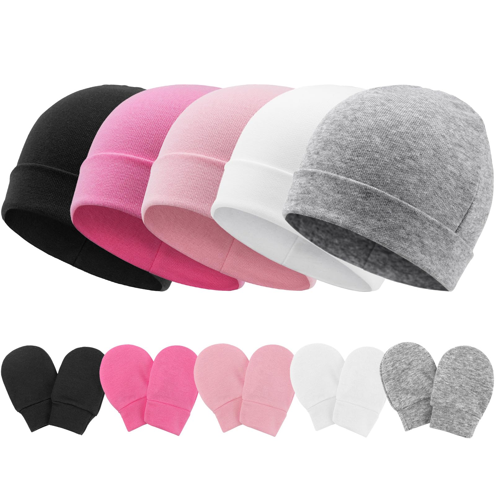 AQOKKA Cotton Baby Beanie Hat & Anti-Scratch Mittens Set (0-6 Months)