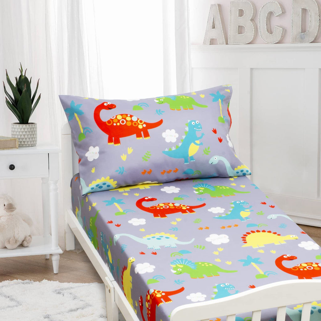 2-Piece Soft Microfiber Toddler Fitted Sheet & Pillowcase Set (Gray Dinosaurs)