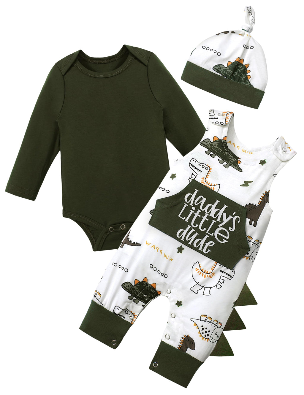 3-Piece Dinosaur Long-Sleeve Romper & Overalls Baby Boy Outfit Set with Hat (Green, 3-6 Months)