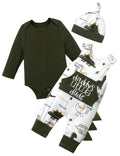 3-Piece Dinosaur Long-Sleeve Romper & Overalls Baby Boy Outfit Set with Hat (Green, 3-6 Months)