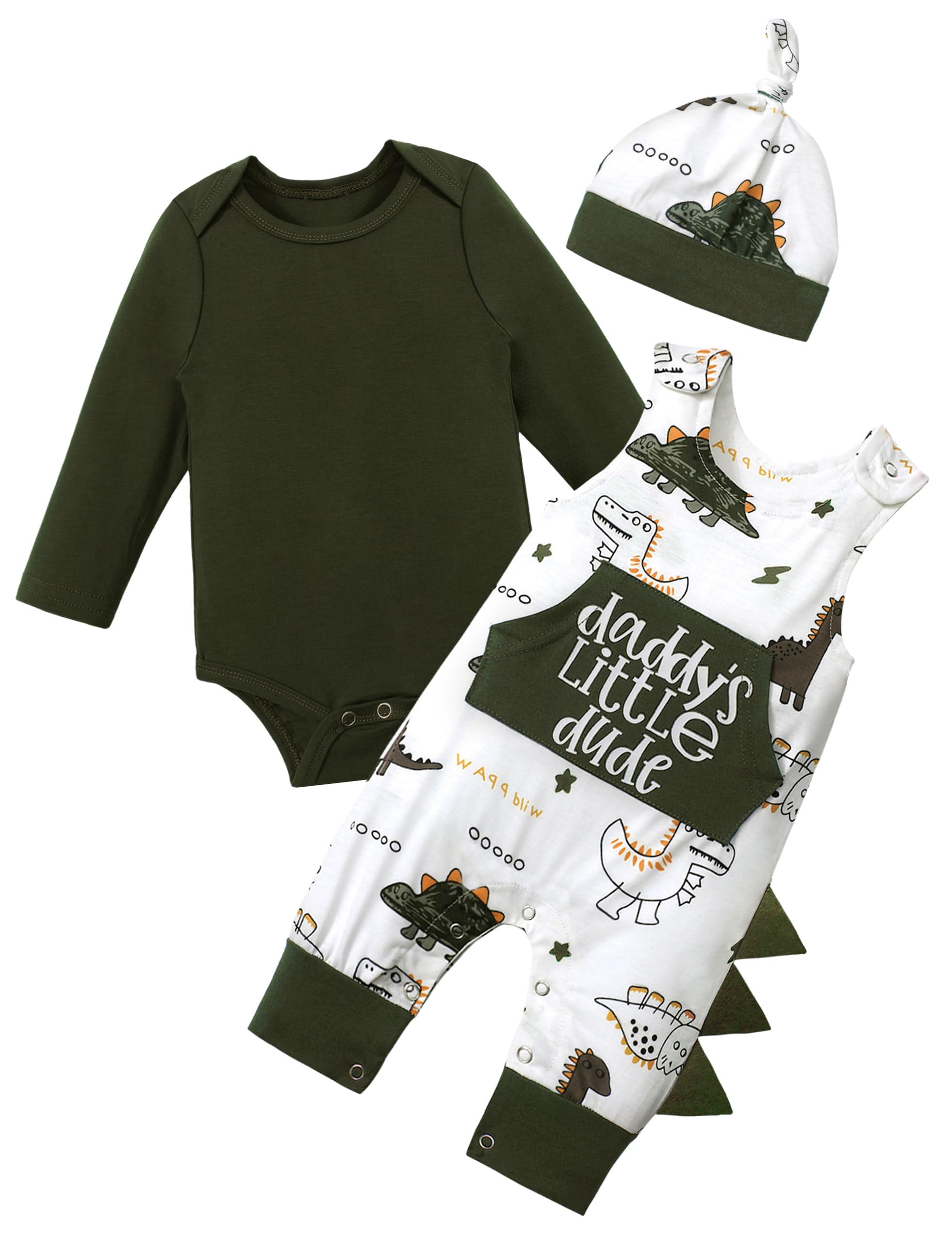 3-Piece Dinosaur Long-Sleeve Romper & Overalls Baby Boy Outfit Set with Hat (Green, 3-6 Months)