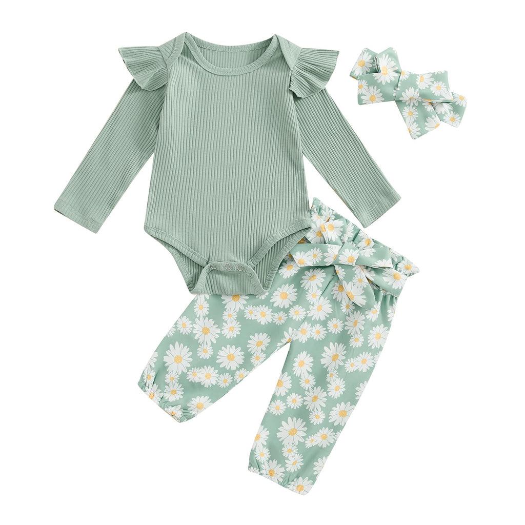 3-Piece Long-Sleeve Knitted Romper & Daisy Pants Baby Girl Fall/Winter Outfit Set (Green, 0-3 Months)