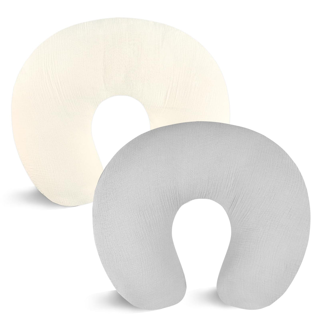 Hooyax 2-Pack Muslin Nursing Pillow Covers (Gray & Creamy-White)