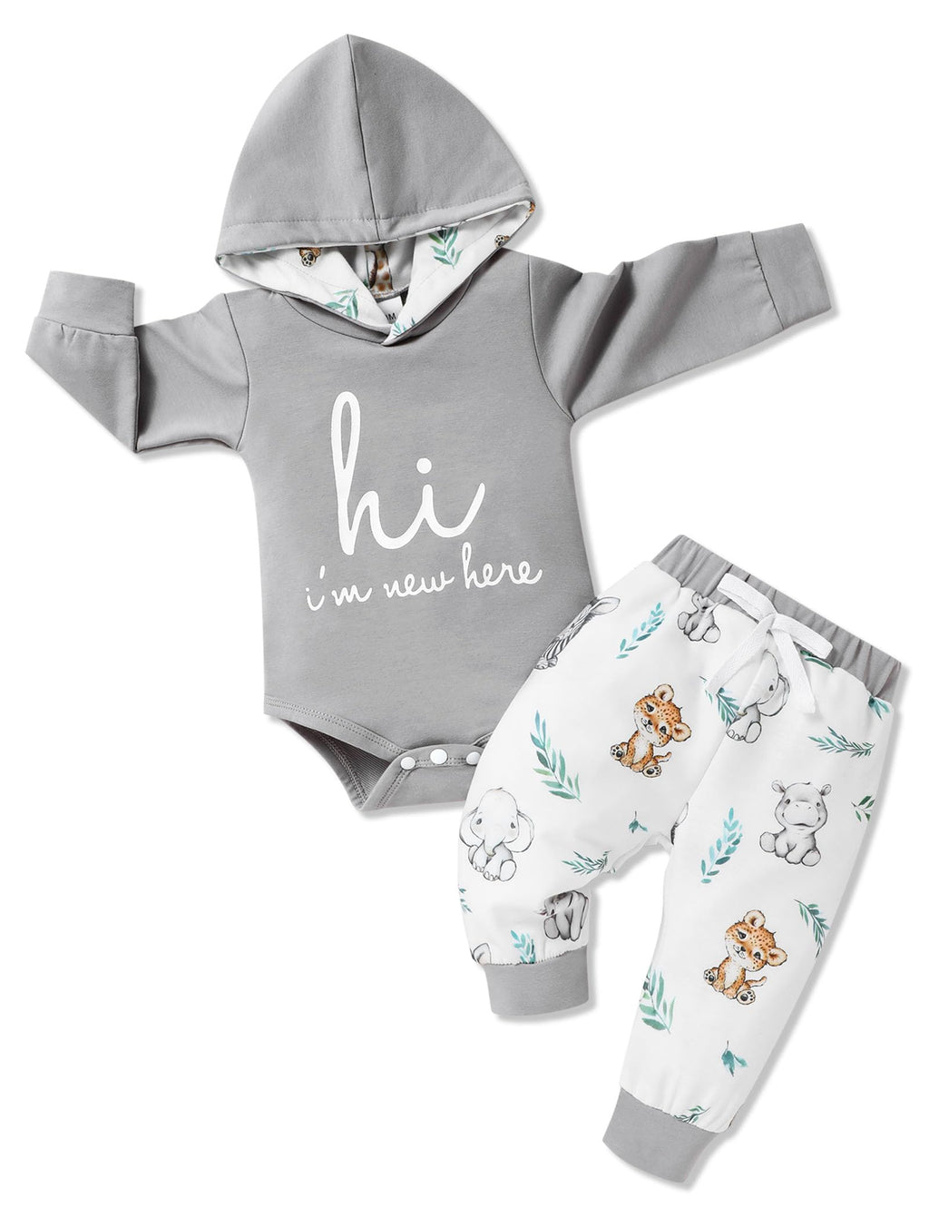 Letter Print Hooded Romper & Animal Pants Baby Boy Winter Outfit Set (3-6 Months)