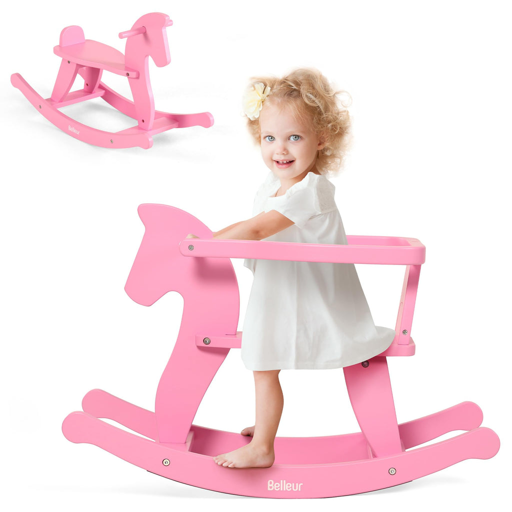 Belleur Wooden Toddler Rocking Horse with Removable Fence - Pink