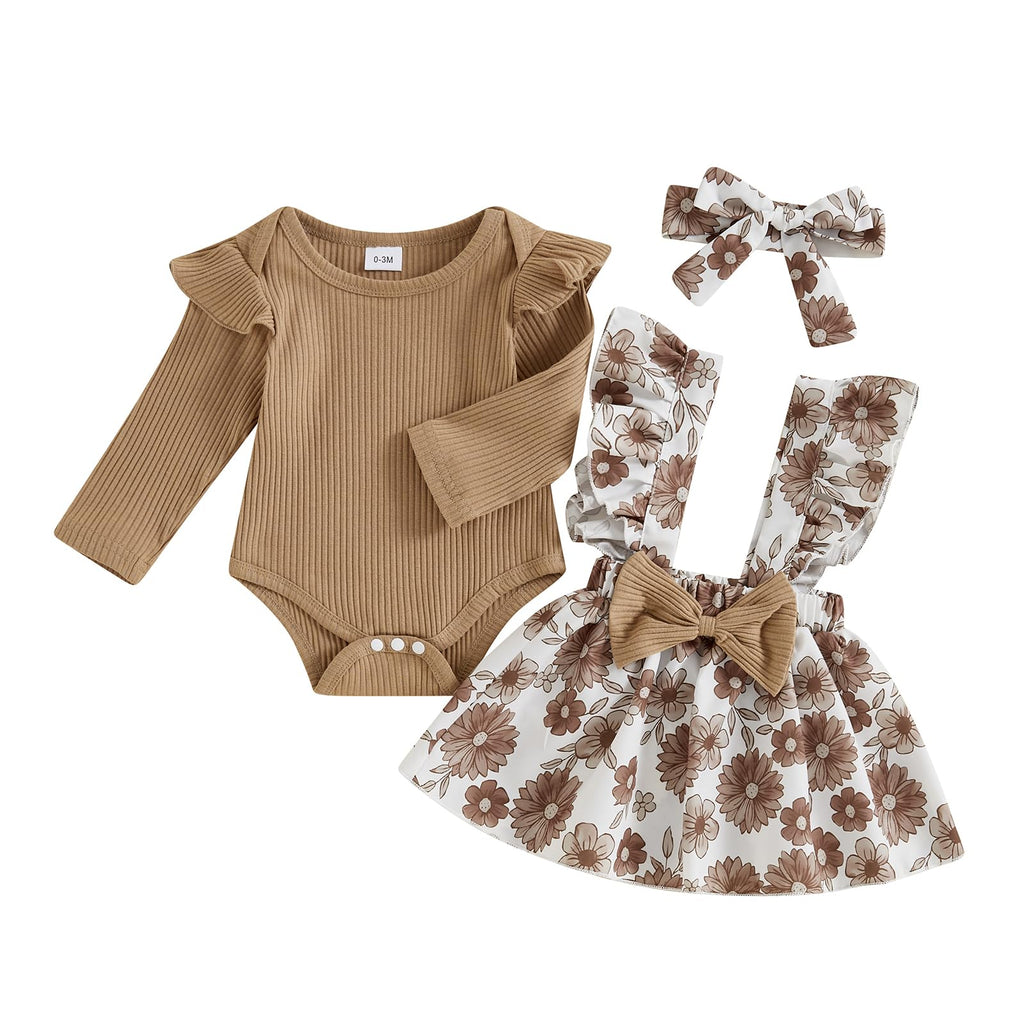 3-Piece Long-Sleeve Ruffle Romper & Suspender Skirt Baby Girl Fall Outfit Set (Khaki, 6-12 Months)