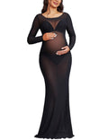 Bhome Long-Sleeve Sheer Mesh Maternity Maxi Gown (Black, Small)