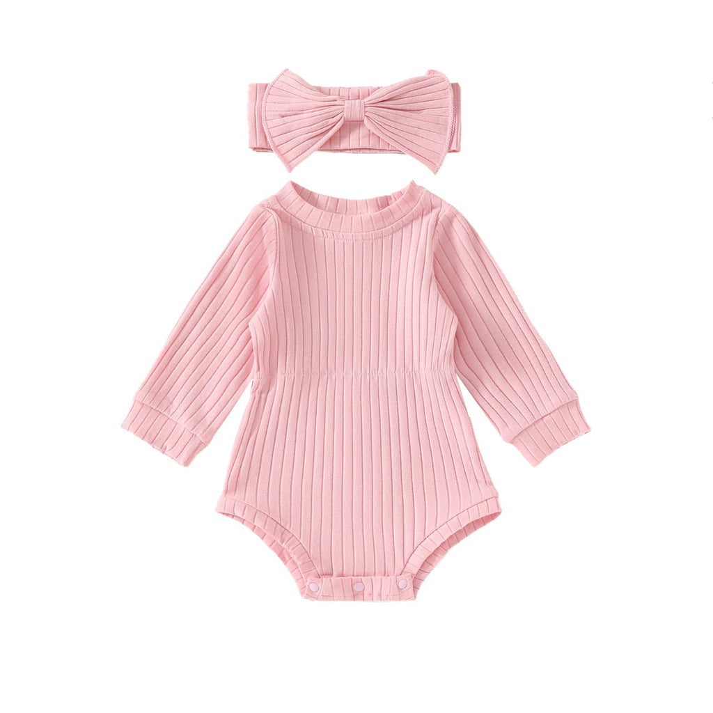Covvoliy Knit Long Sleeve Baby Girl Romper & Headband Set (Light Pink, 12-18M)