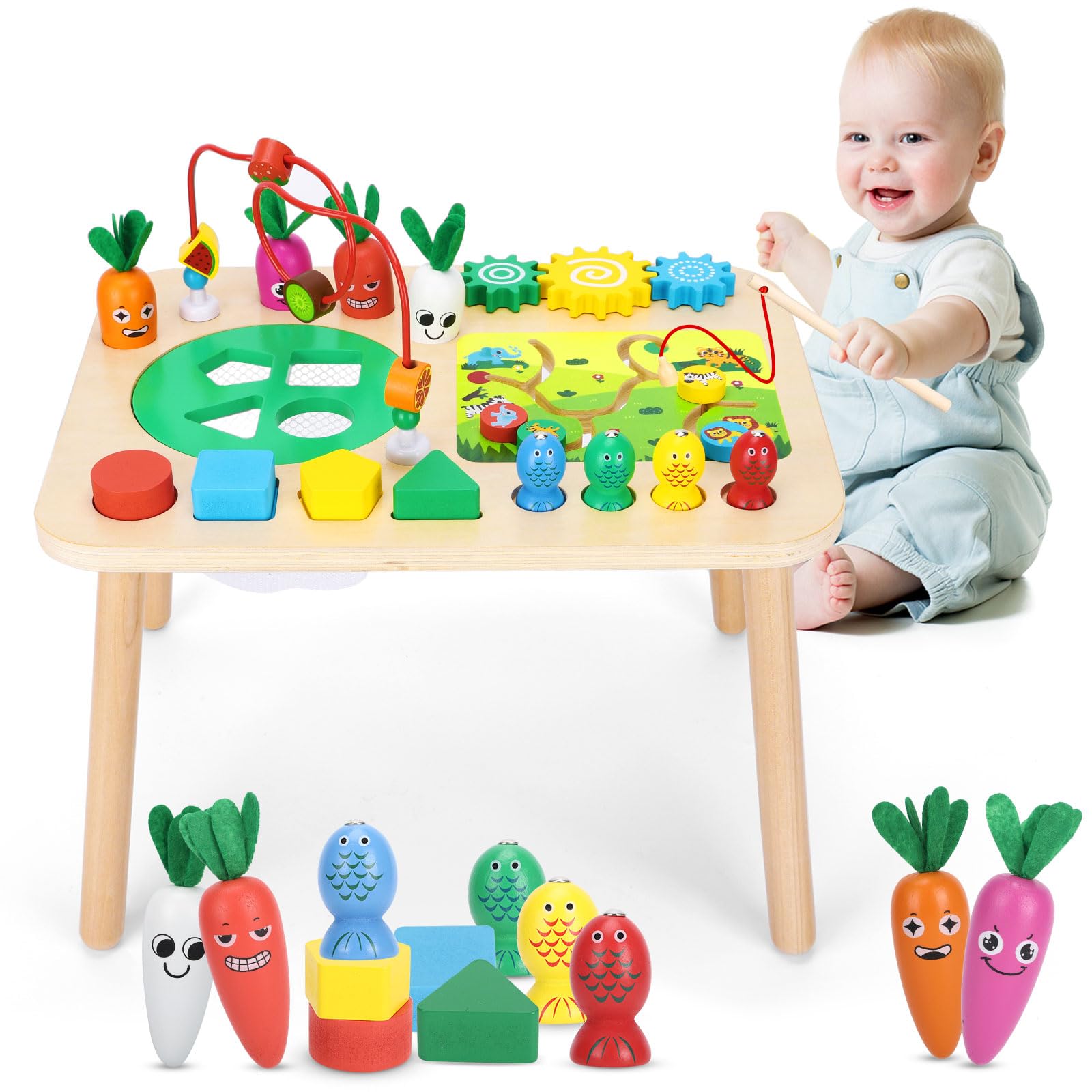 HEYLANDU 7-in-1 Wooden Montessori Activity Center Table